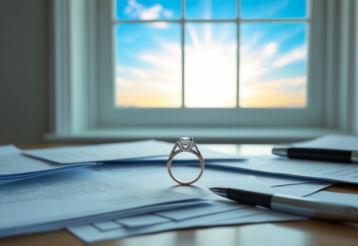 A wedding ring sits on a table, surrounded by scattered papers and a pen. The window shows a bright, hopeful sky, symbolizing moving forward