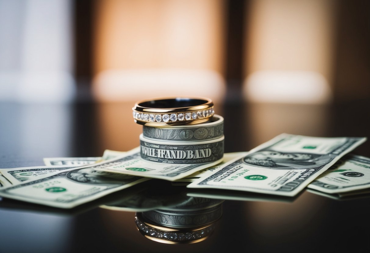 A wedding band and a pile of money on a table, with a man and a woman discussing who will pay for the wife's band