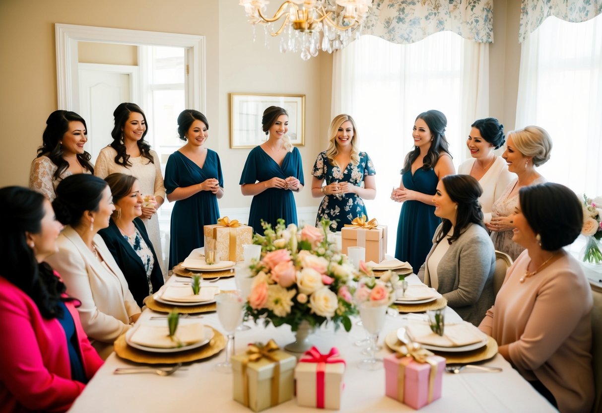 A group of women gather in a beautifully decorated room, with a table set for a special bridal shower. Gifts, flowers, and elegant decor create a warm and inviting atmosphere