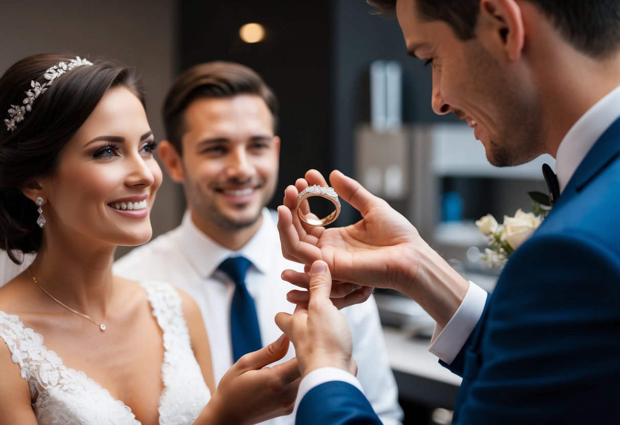 A groom's hand holding out a wedding band towards a jeweler, while the bride looks on with a smile
