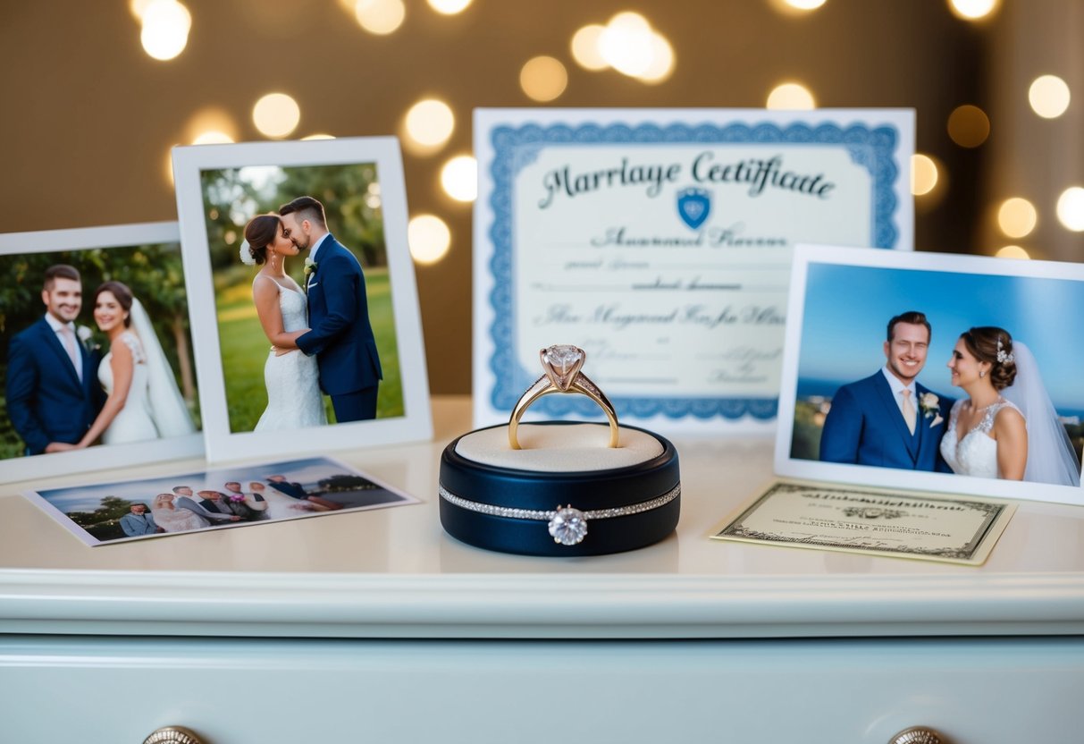 An engagement ring sits on a dresser, surrounded by wedding photos and a marriage certificate