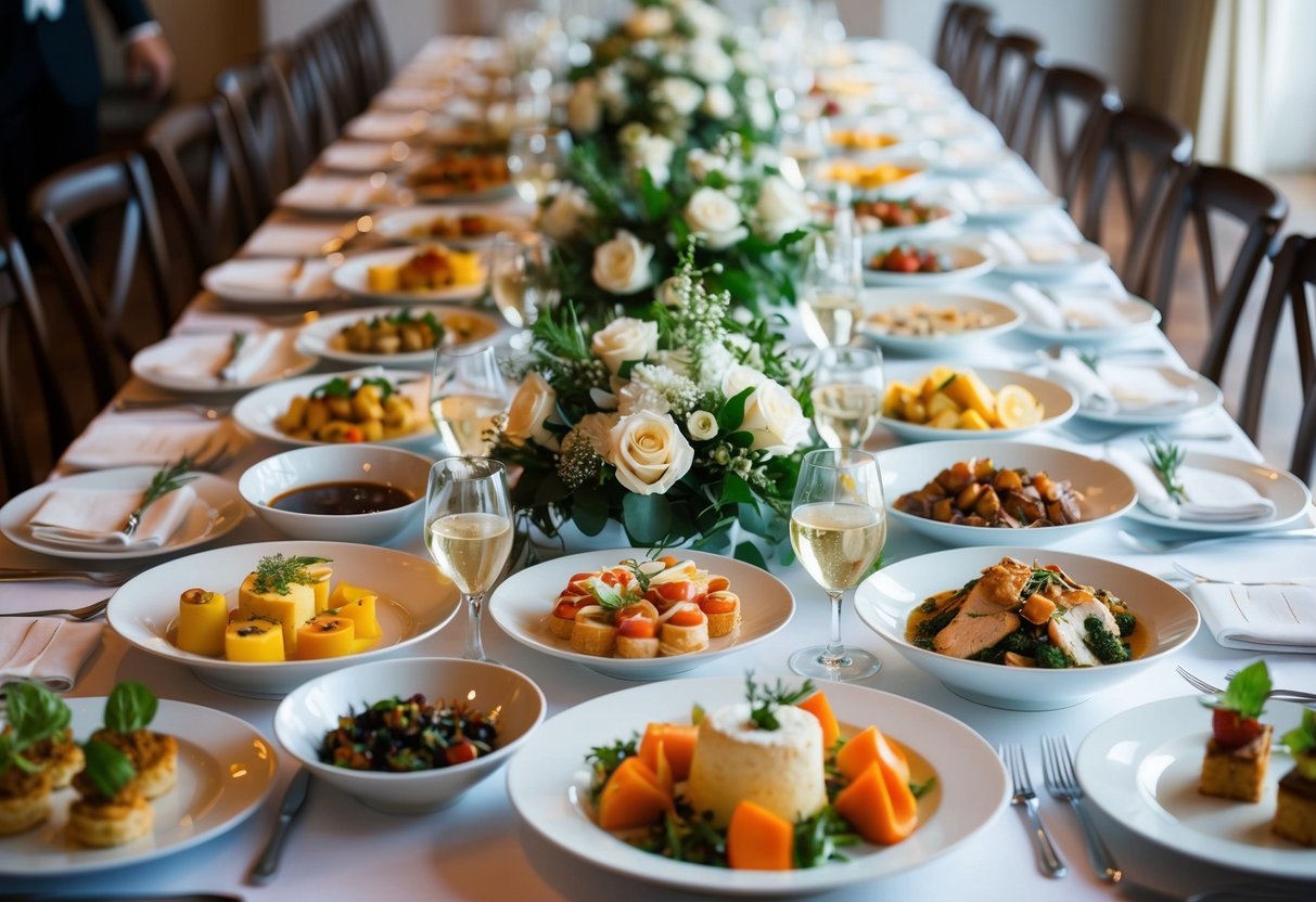 A table adorned with an array of elegant dishes, from appetizers to entrees, all beautifully presented for a wedding feast