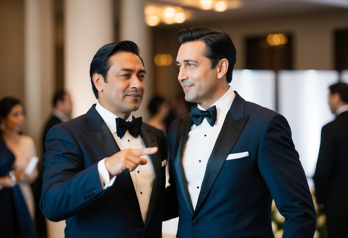 Two posh men at a formal event, one gesturing with his hand while the other nods in agreement. Both are well-dressed and exude an air of sophistication