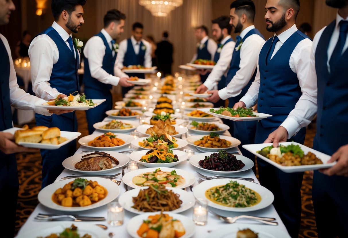 A wedding banquet with a variety of dishes laid out on a long table. Servers are seen carrying trays of food to the guests