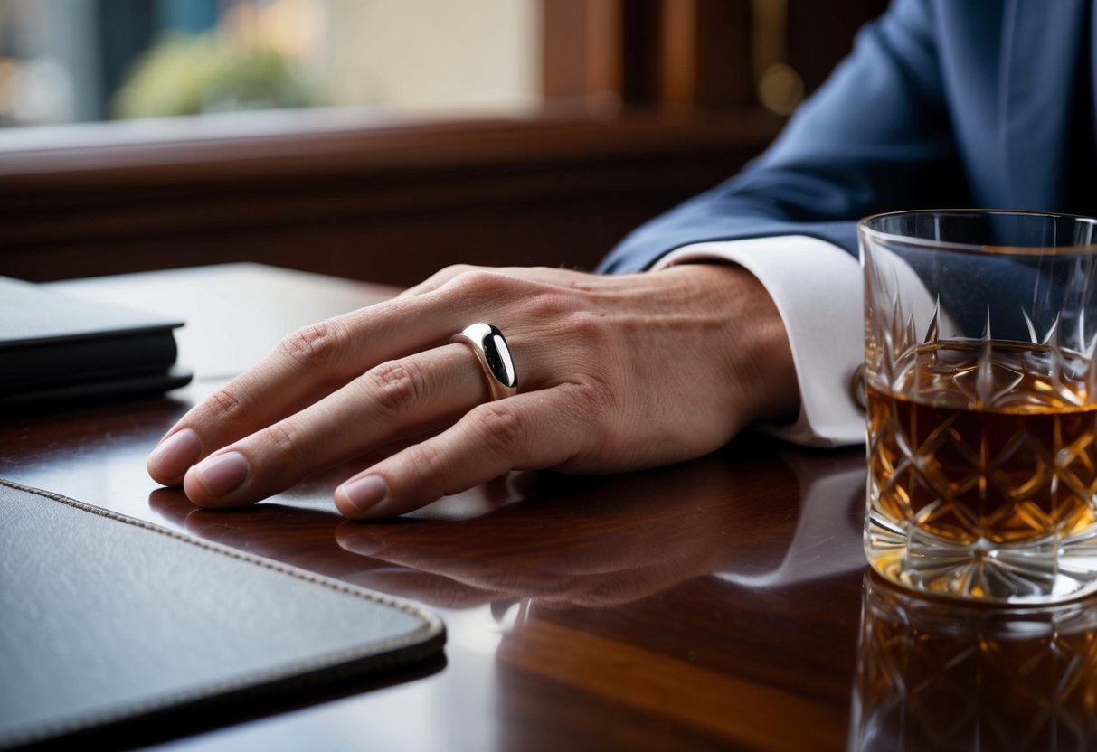 A posh man's hand rests on a mahogany desk, adorned with a sleek, platinum wedding ring. A glass of aged scotch sits nearby