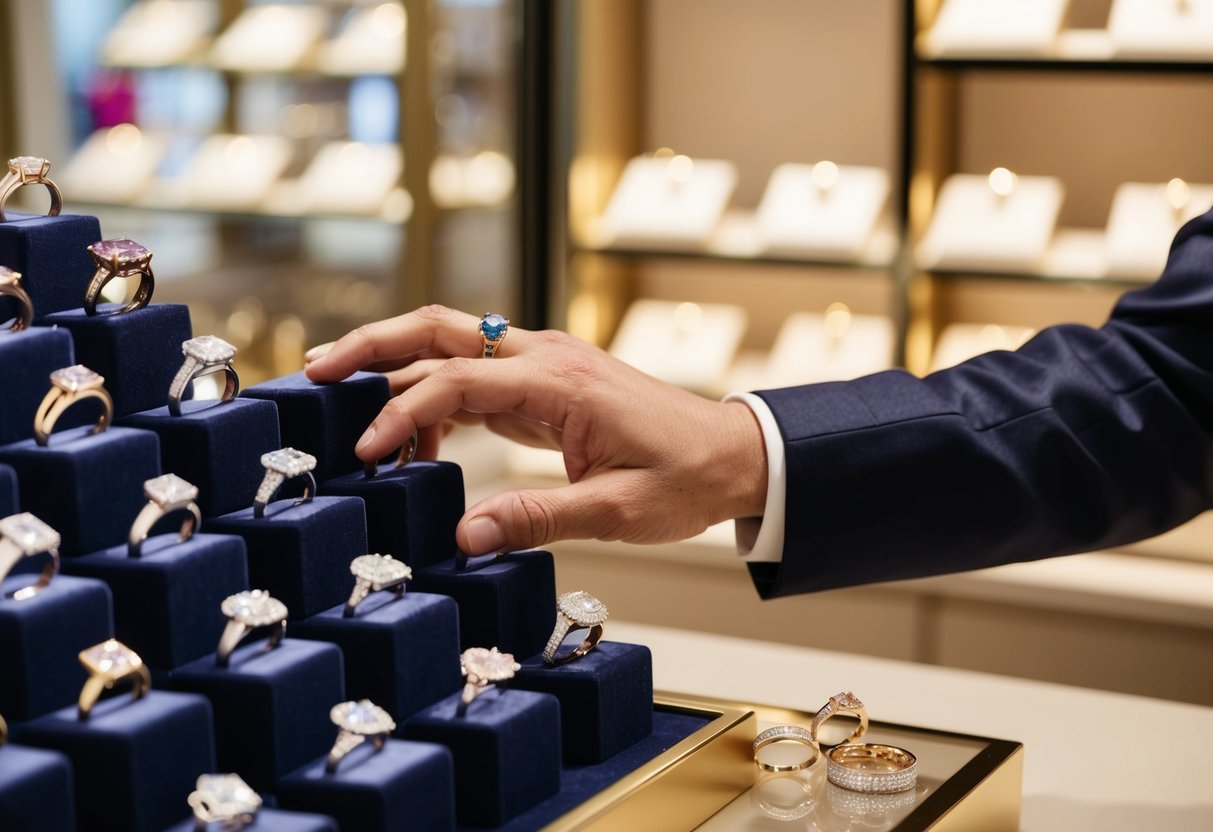 A posh man's hand reaches for a display of elegant wedding ring varieties and alternative options at a luxurious jewelry store