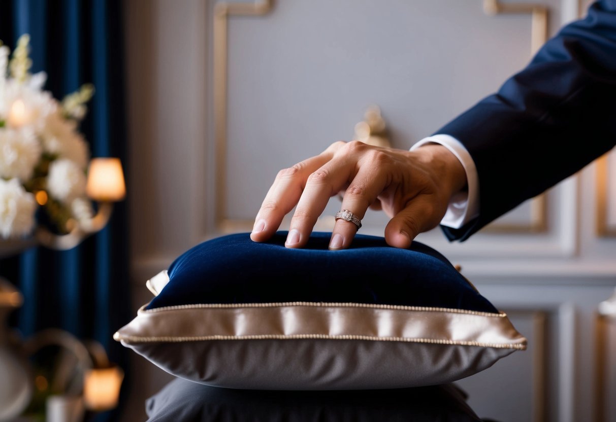 A posh man's hand reaches for a sleek wedding band on a luxurious velvet cushion, set against a backdrop of elegant decor