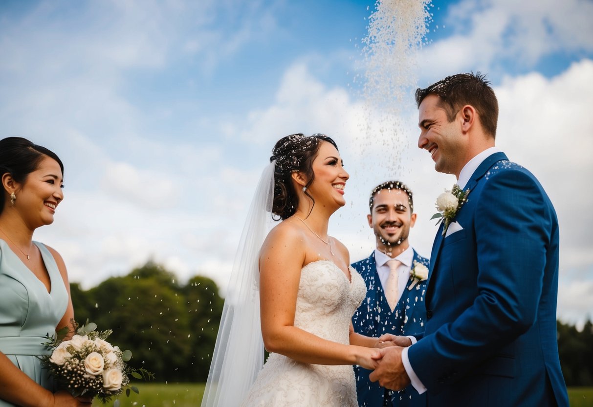 A shower of rice falling on a bride and groom