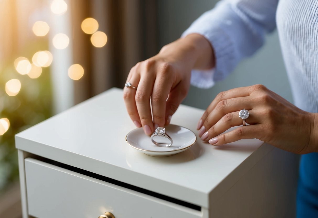A woman places her engagement ring on a small dish next to her wedding band on a dresser