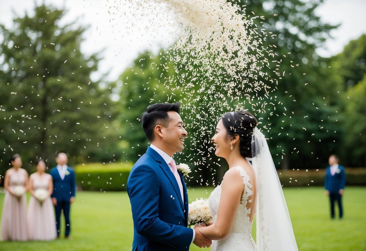 Rice grains flying through the air, surrounding a newlywed couple in a shower of blessings and good fortune
