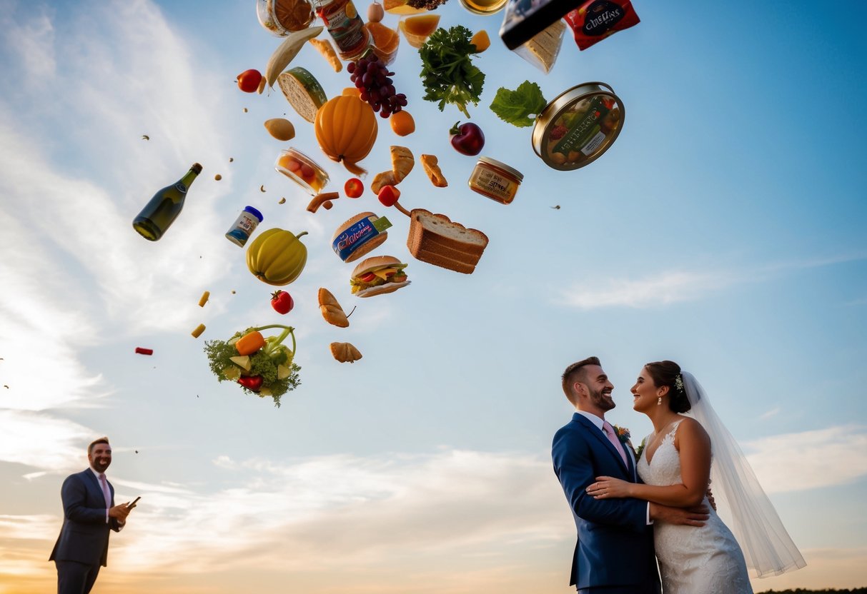 Assorted food items flying through the air towards a newlywed couple