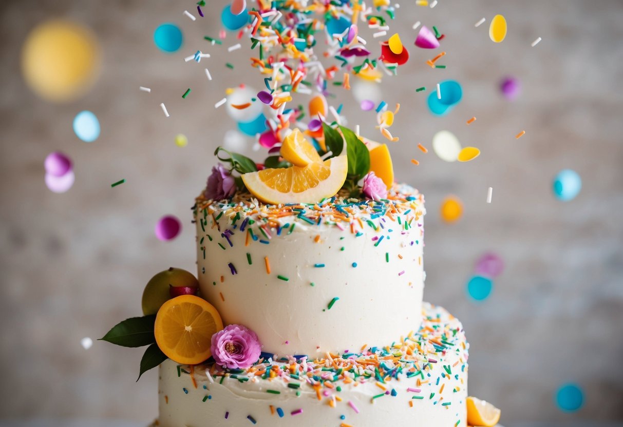 A wedding cake covered in colorful confetti and sprinkles, with pieces of fruit and flowers thrown over it