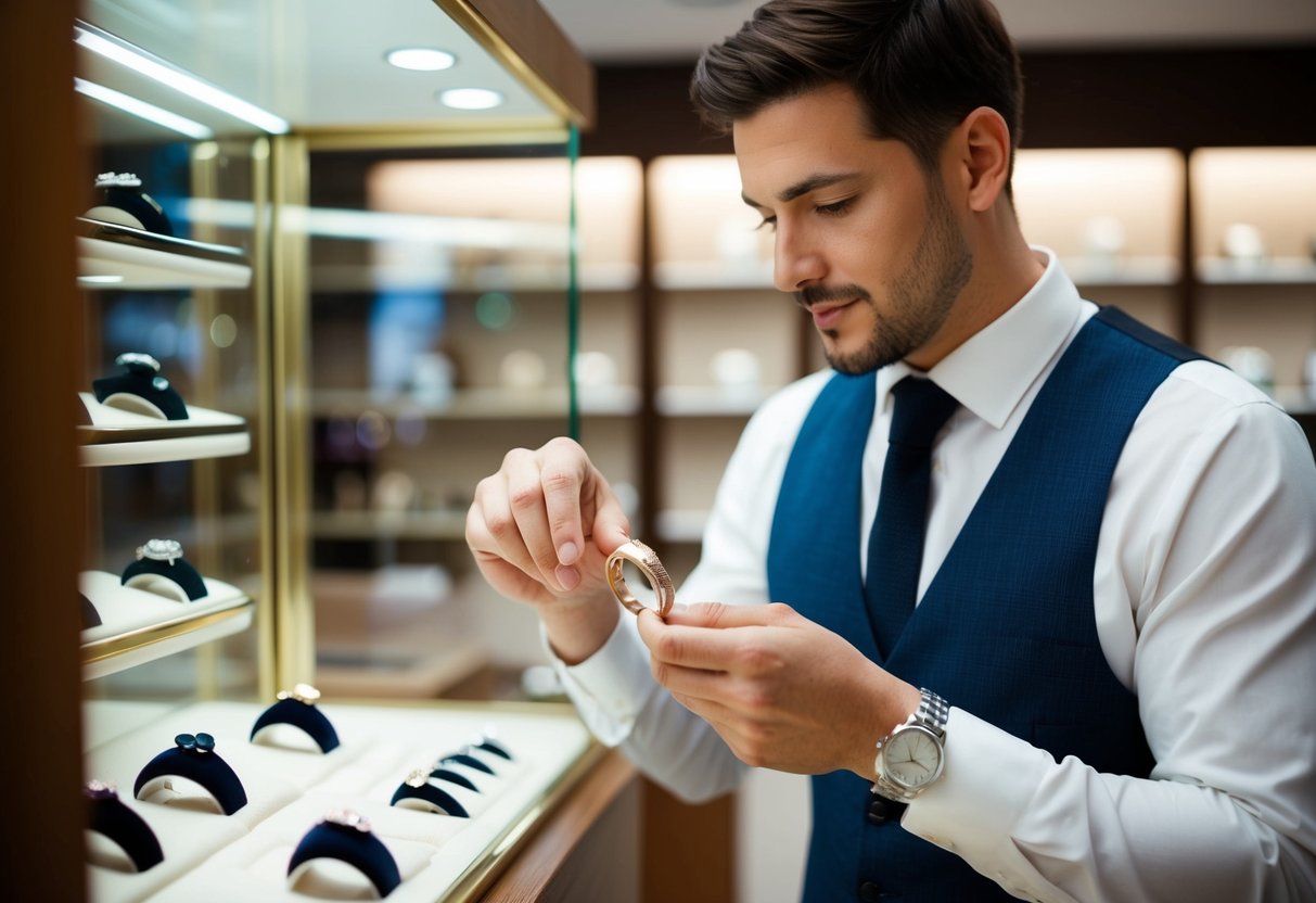A man carefully selects a wedding band from a display case at a jewelry store