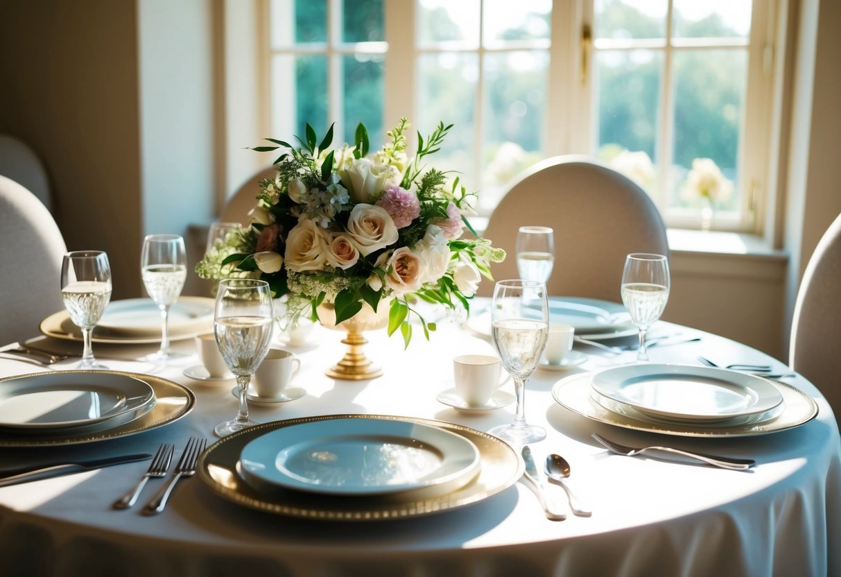 A table set with elegant place settings and a floral centerpiece, bathed in soft sunlight streaming through a window, ready for a wedding breakfast