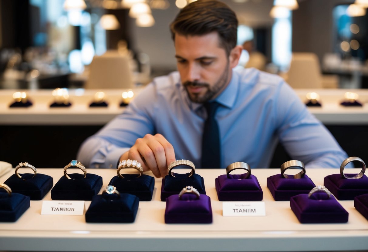 A man sits at a jewelry counter, examining various wedding bands displayed on velvet cushions. The bands vary in style and material, from classic gold to modern titanium