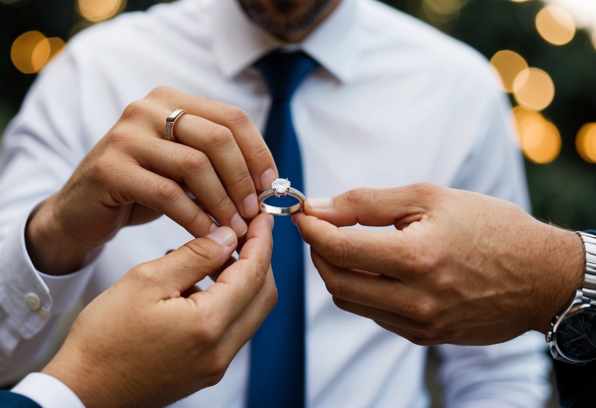 A man tries on different wedding bands, examining the fit and comfort of each one