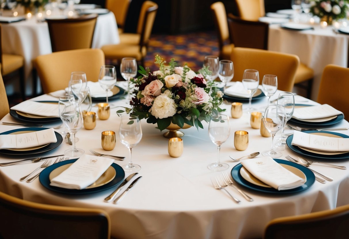 A table set with elegant place settings and floral centerpieces, surrounded by chairs, with a warm, inviting atmosphere