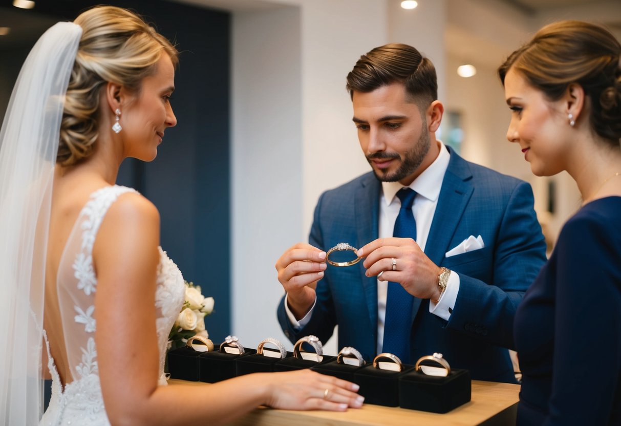 A man carefully examines a selection of wedding bands, comparing styles and prices while consulting with the bride. Budget considerations play a key role in the decision-making process