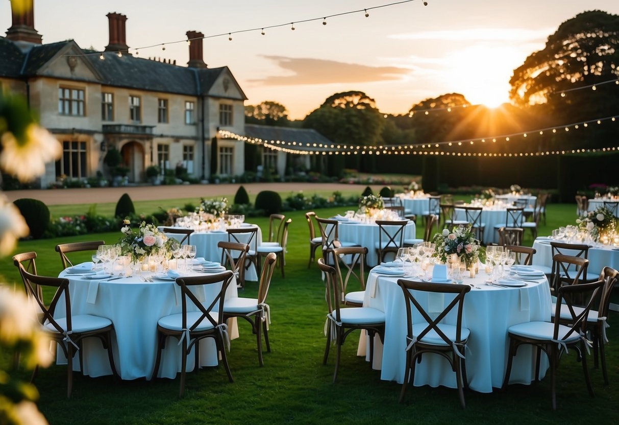The sun setting over a grand manor, with tables set for a wedding breakfast in the garden, adorned with flowers and twinkling lights