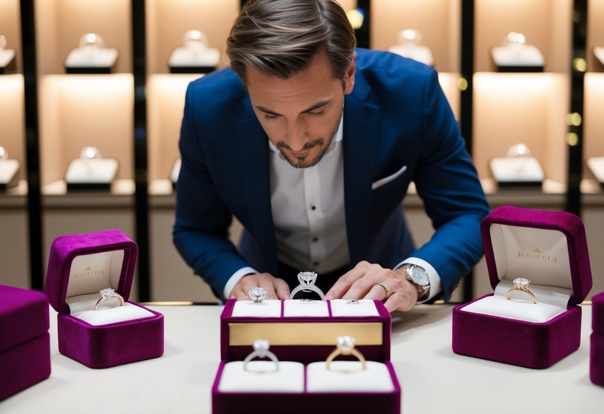 A man carefully examines a display of sparkling diamond rings in a jewelry store, surrounded by elegant velvet boxes and soft lighting