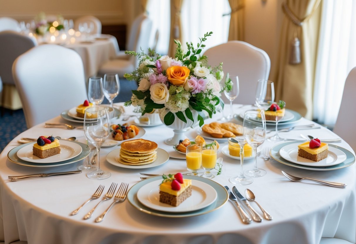 A beautifully set table with elegant place settings, fresh flowers, and a variety of delicious breakfast foods, ready for a wedding celebration
