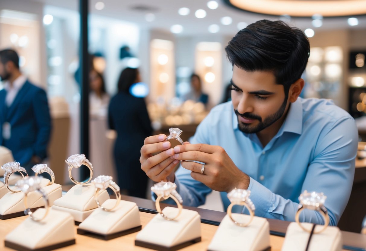 A man carefully examines sparkling diamond rings in a jewelry store, trying to find the perfect one for his future bride