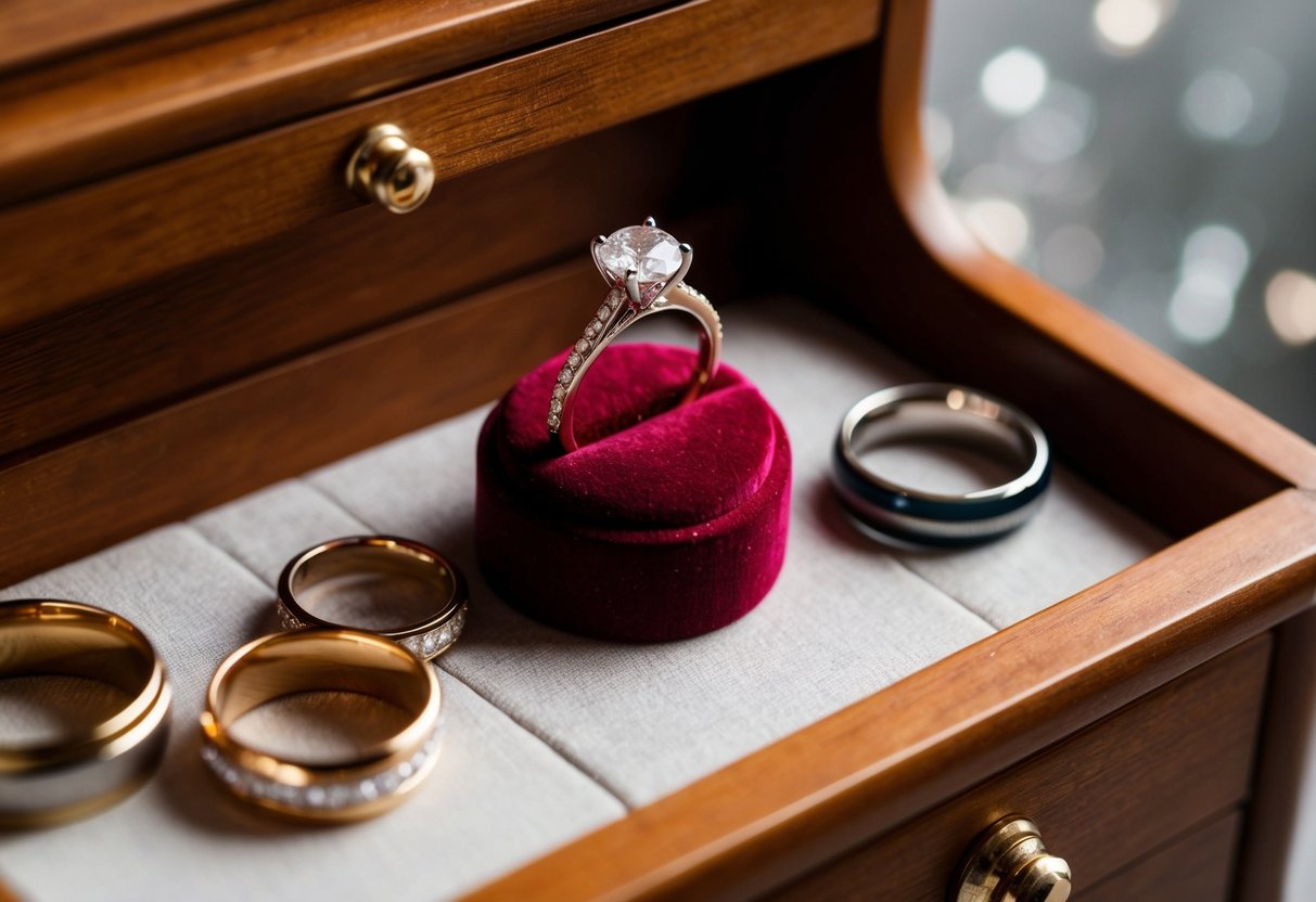 The engagement ring is placed on a velvet ring holder, surrounded by wedding bands on a wooden dresser