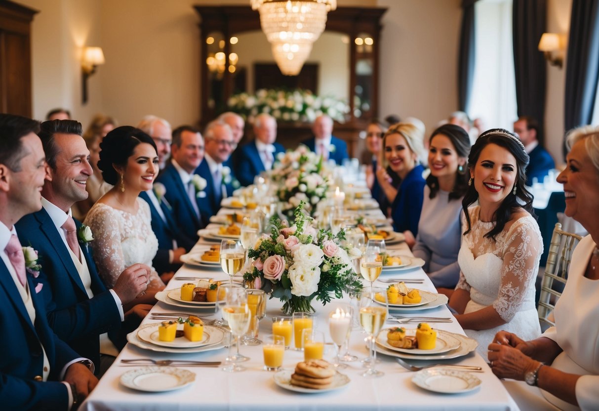 A beautifully decorated table set with elegant place settings and fresh flowers, surrounded by happy guests enjoying a delicious wedding breakfast