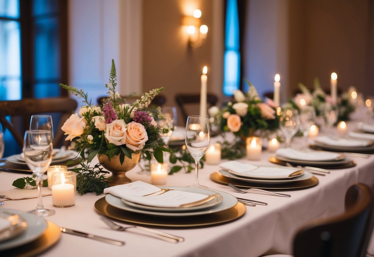 A beautifully set table with elegant place settings, fresh flowers, and soft candlelight, creating a warm and inviting atmosphere for a wedding breakfast
