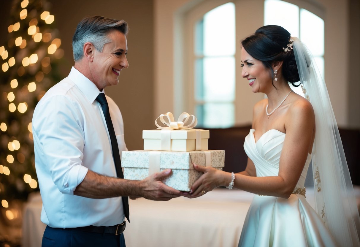 A father presenting a beautifully wrapped gift to his daughter on her wedding day
