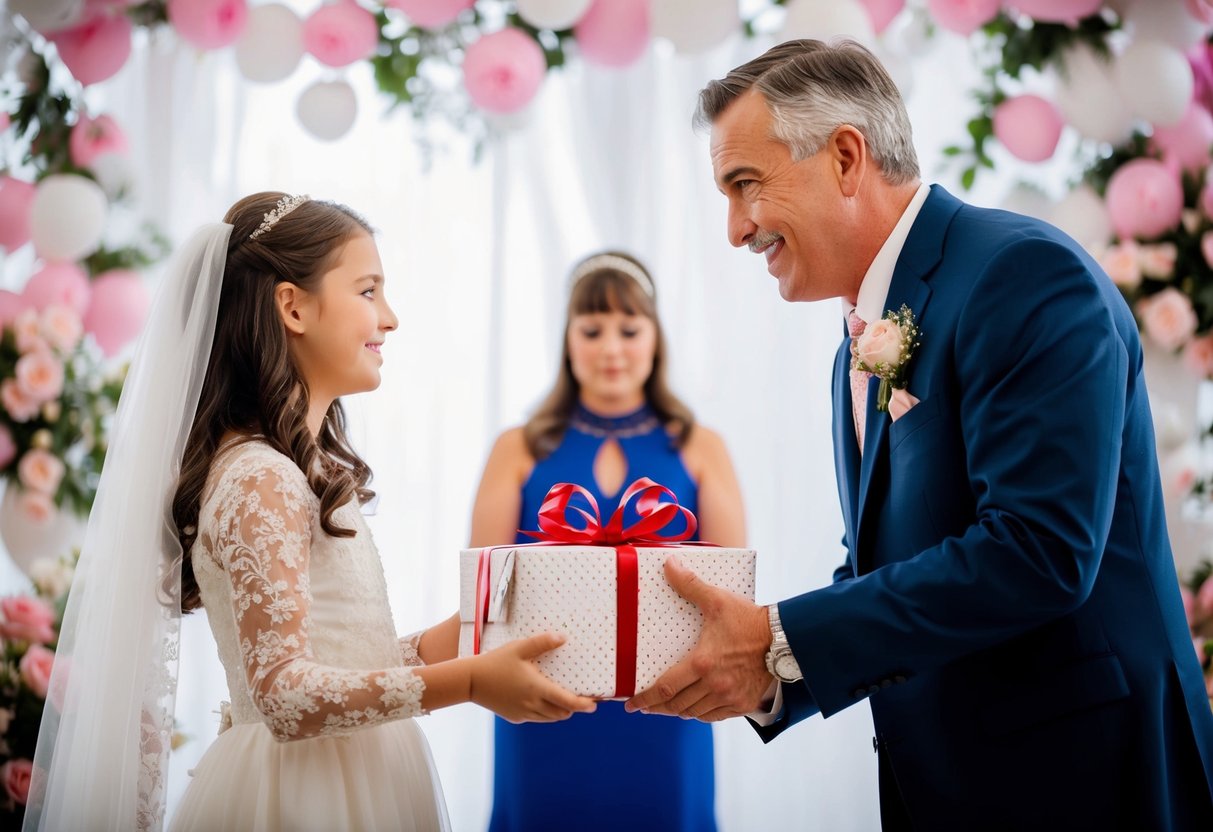 A father presents a wrapped gift to his daughter, surrounded by wedding decor and emotional atmosphere