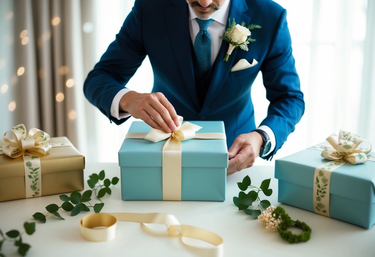 A father carefully chooses a meaningful wedding gift, surrounded by elegant wrapping paper and decorative ribbons