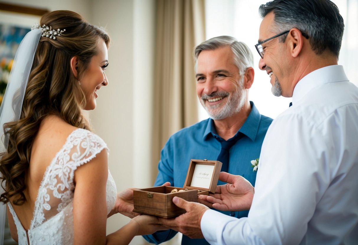 A father presenting his daughter with a thoughtful wedding gift, such as a handcrafted wooden keepsake box or a framed piece of personalized artwork