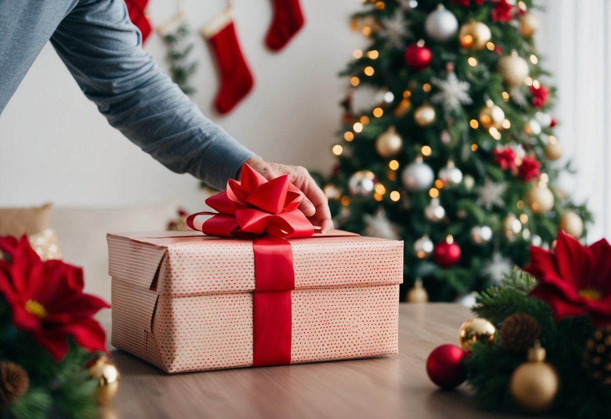 A father placing a beautifully wrapped gift on a table amidst a backdrop of flowers and festive decorations
