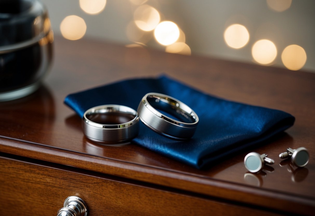 A silver wedding ring sits on a wooden dresser, next to a pair of cufflinks and a pocket square