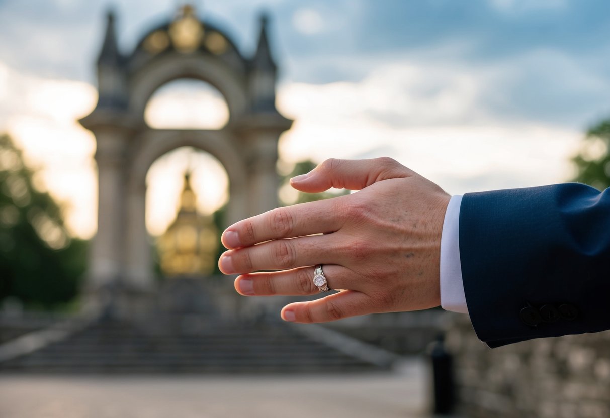 A British man's hand holding a wedding ring, with a historical or cultural symbol in the background
