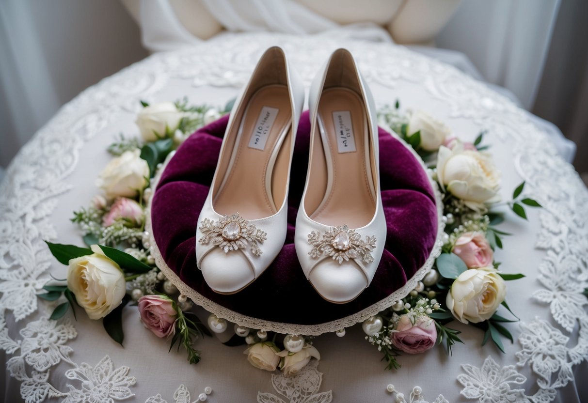 A bride's elegant wedding shoes sit on a plush velvet cushion, surrounded by delicate lace and floral details