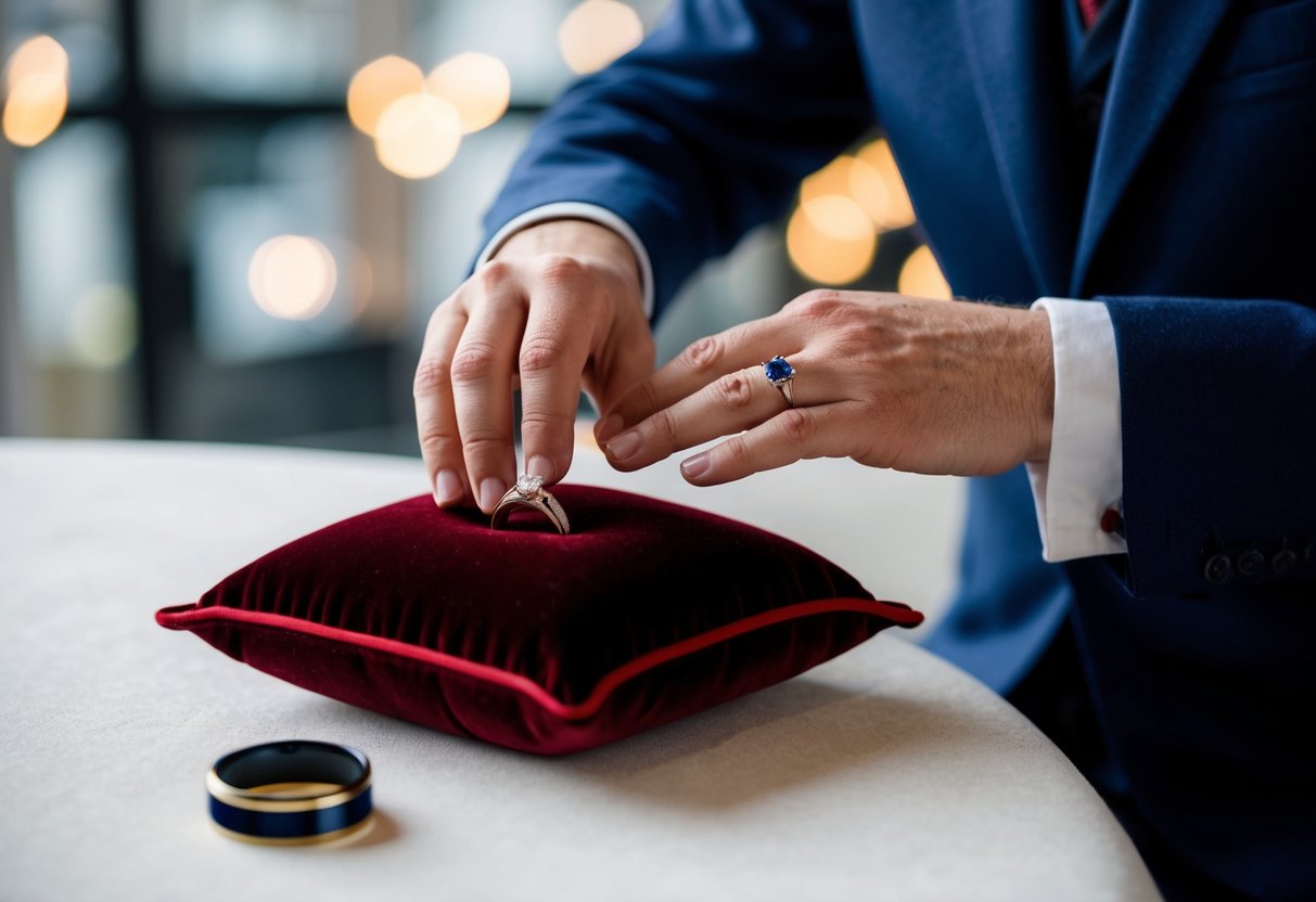 A British man's hand reaching for a wedding ring on a velvet cushion