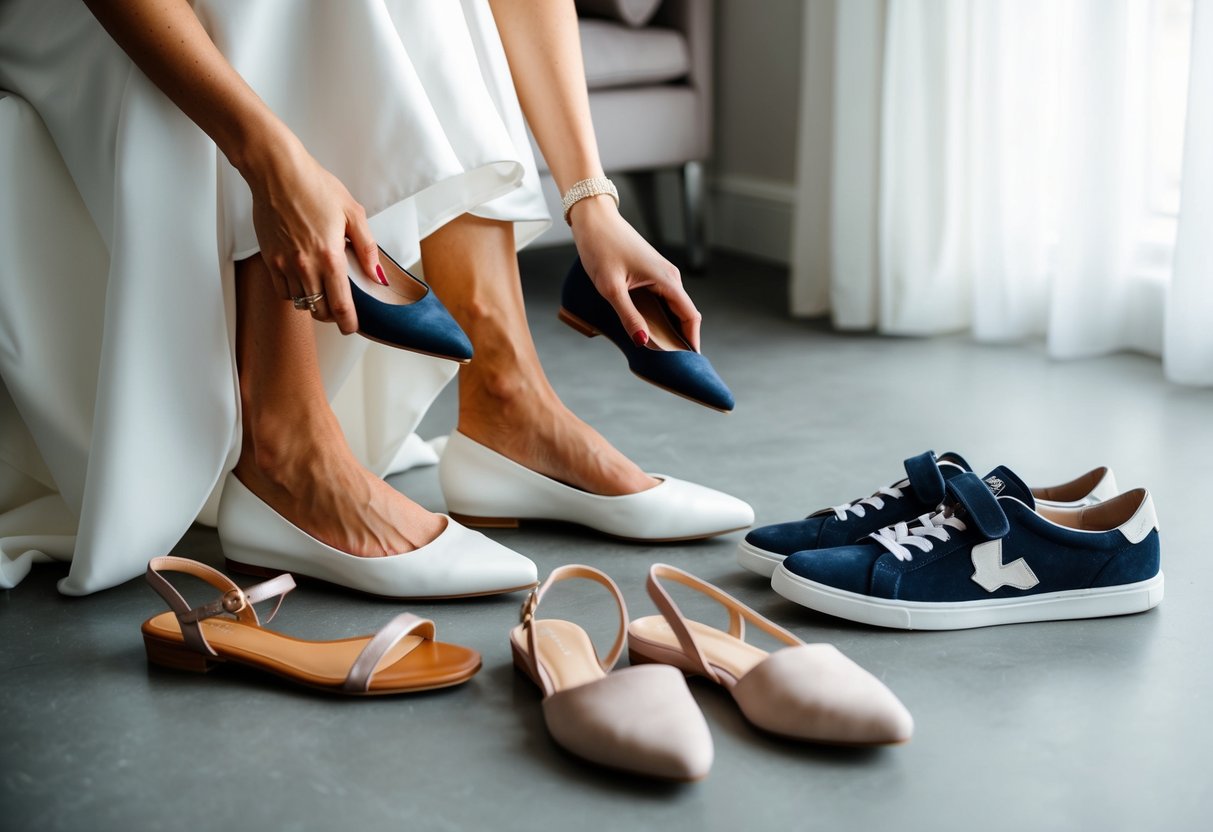 A bride trying on a variety of elegant and comfortable shoe options for her wedding day, including flats, sandals, and stylish sneakers
