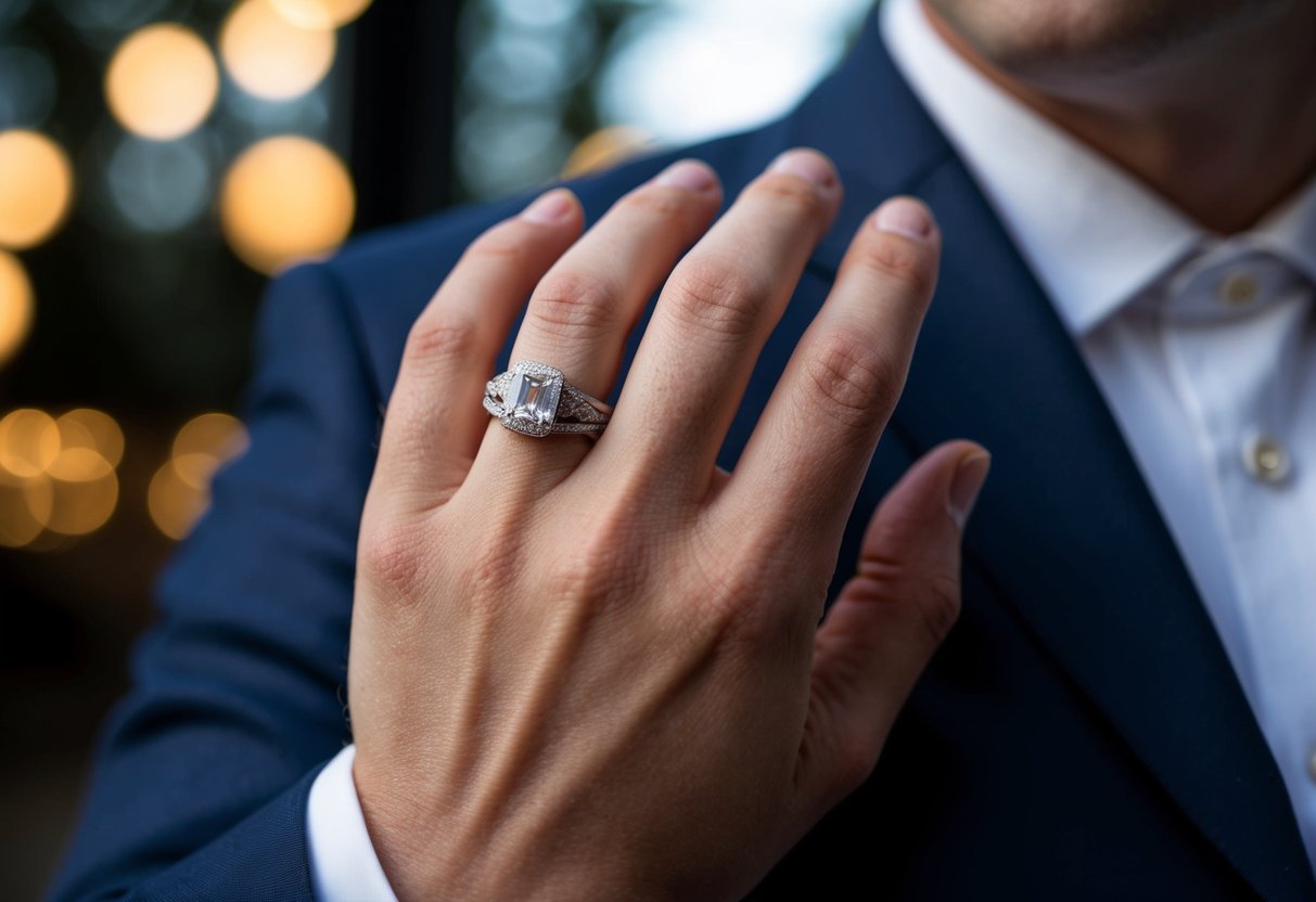 A close-up of a British man's hand, wearing a wedding ring, with subtle details indicating cultural significance
