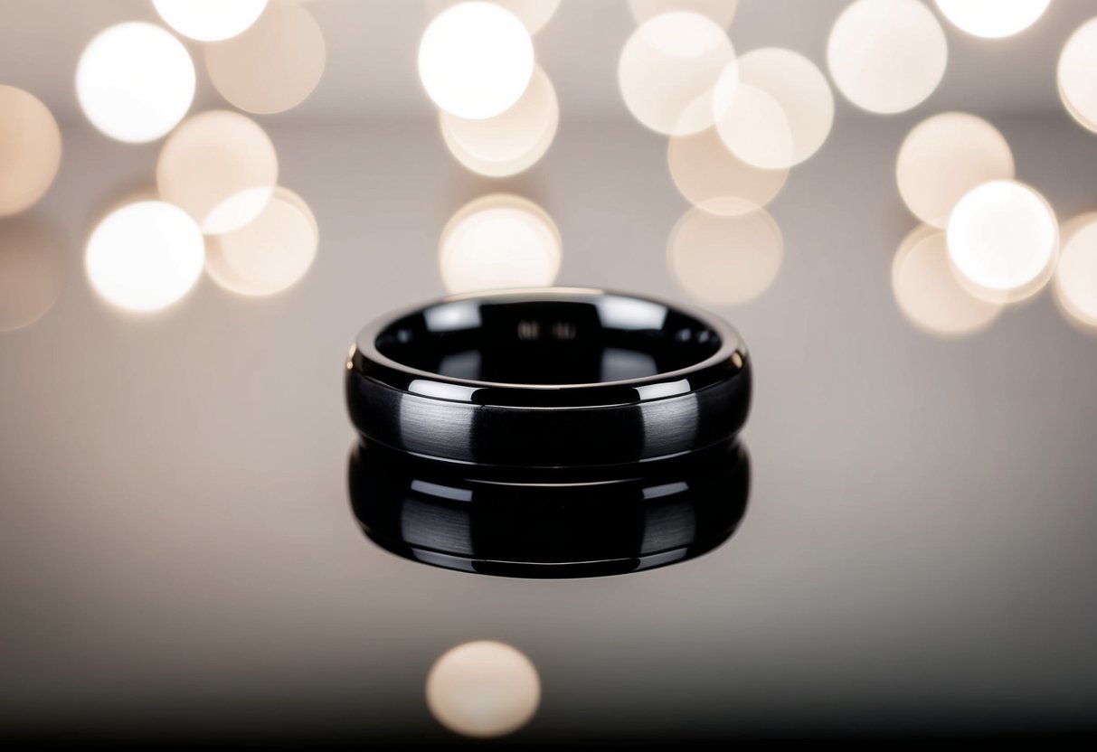 A sleek black wedding ring resting on a smooth, reflective surface