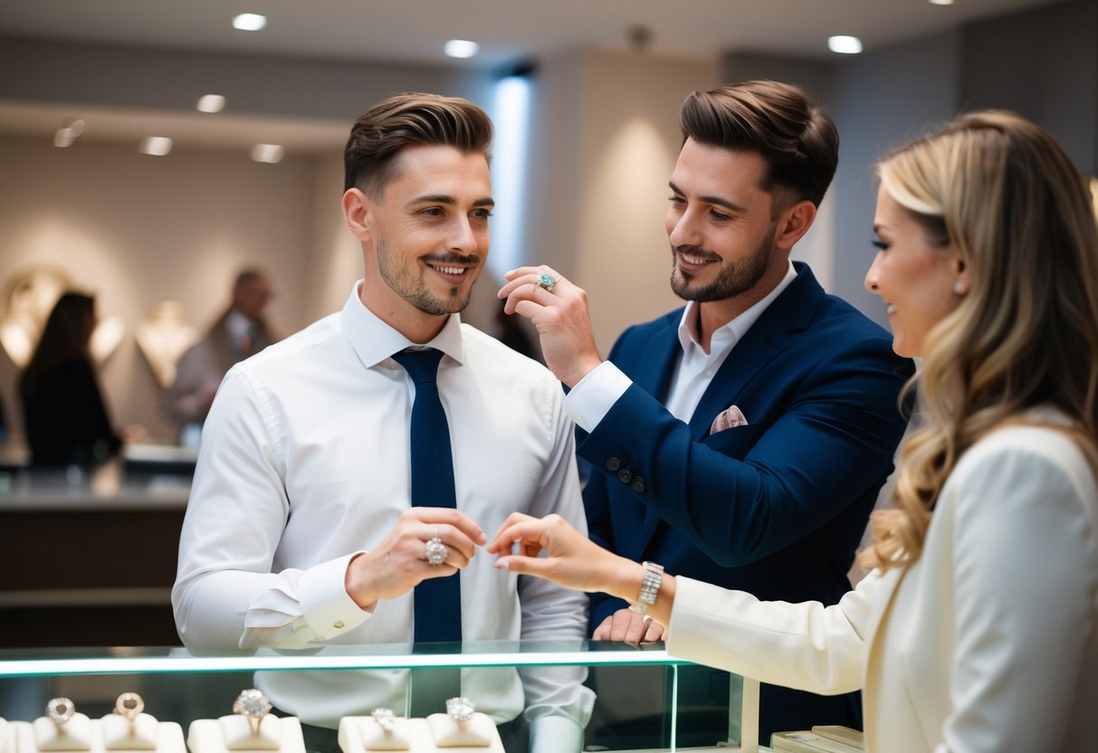 A British man stands at a jewelry counter, trying on different wedding rings while a salesperson assists him