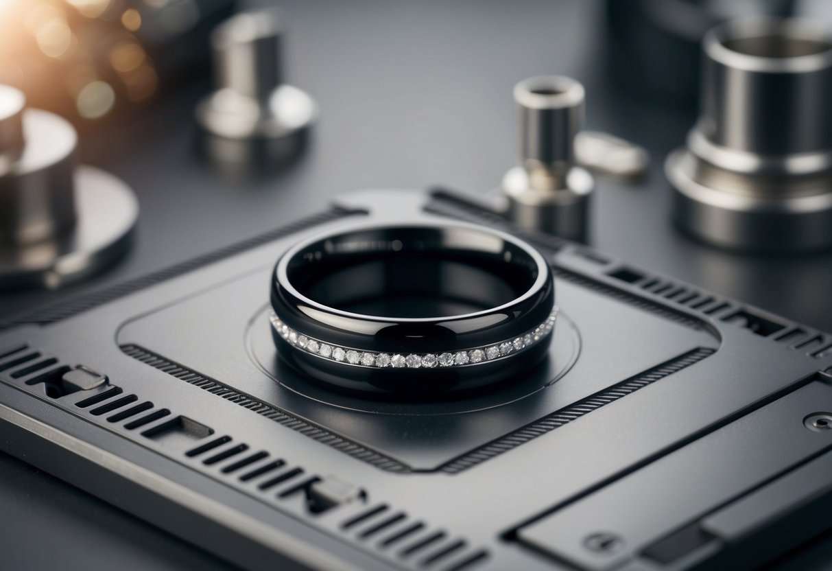 A sleek black wedding band surrounded by modern industrial elements and a sense of sophistication