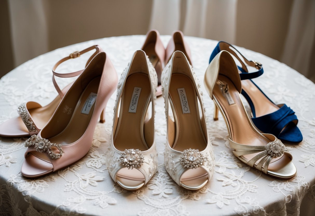 A beautifully decorated wedding shoe surrounded by various footwear options, including heels, flats, and sandals, arranged on a delicate lace tablecloth