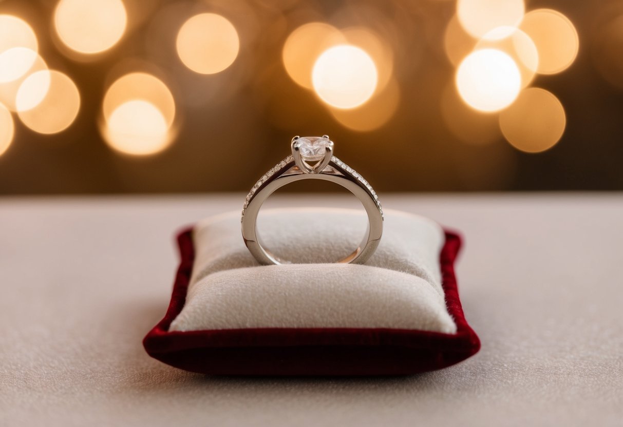 A wedding band displayed on a velvet cushion under soft, warm lighting