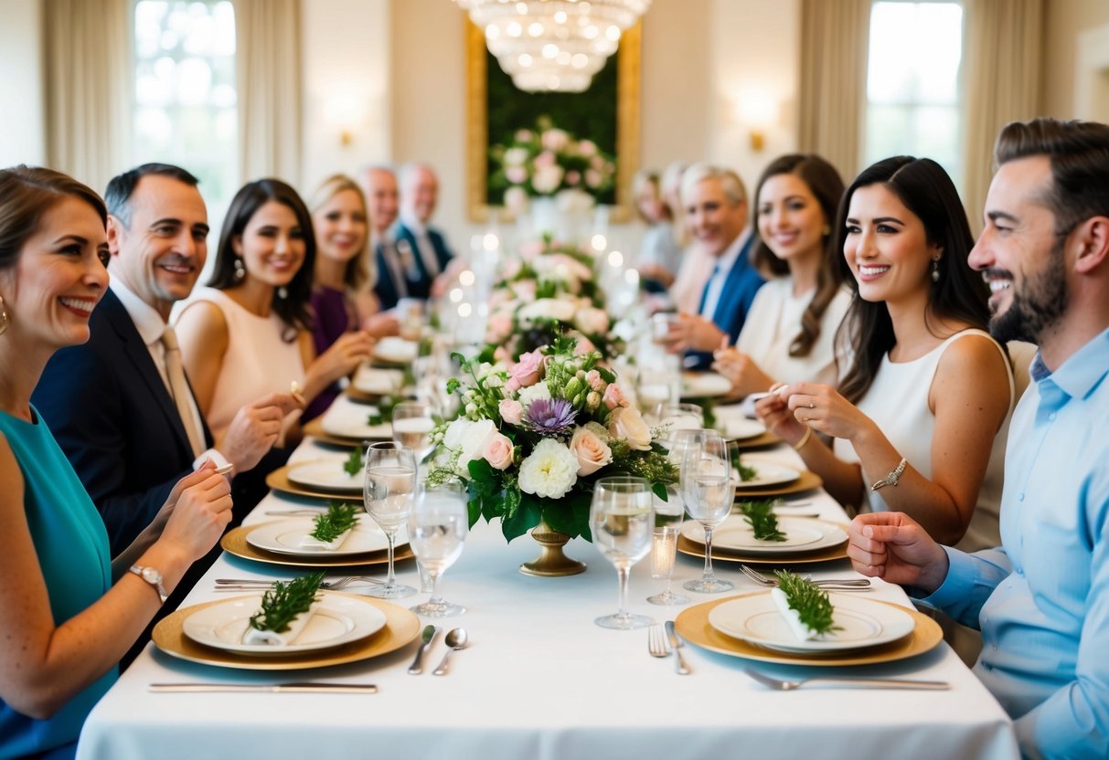 A beautifully decorated table with elegant place settings and a centerpiece of flowers, surrounded by happy guests enjoying a meal together
