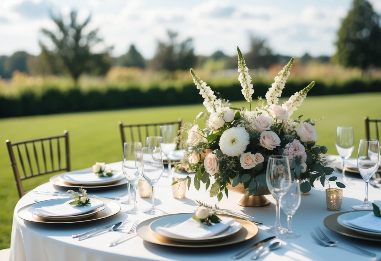 A beautifully set table with elegant place settings, floral centerpieces, and modern wedding decor
