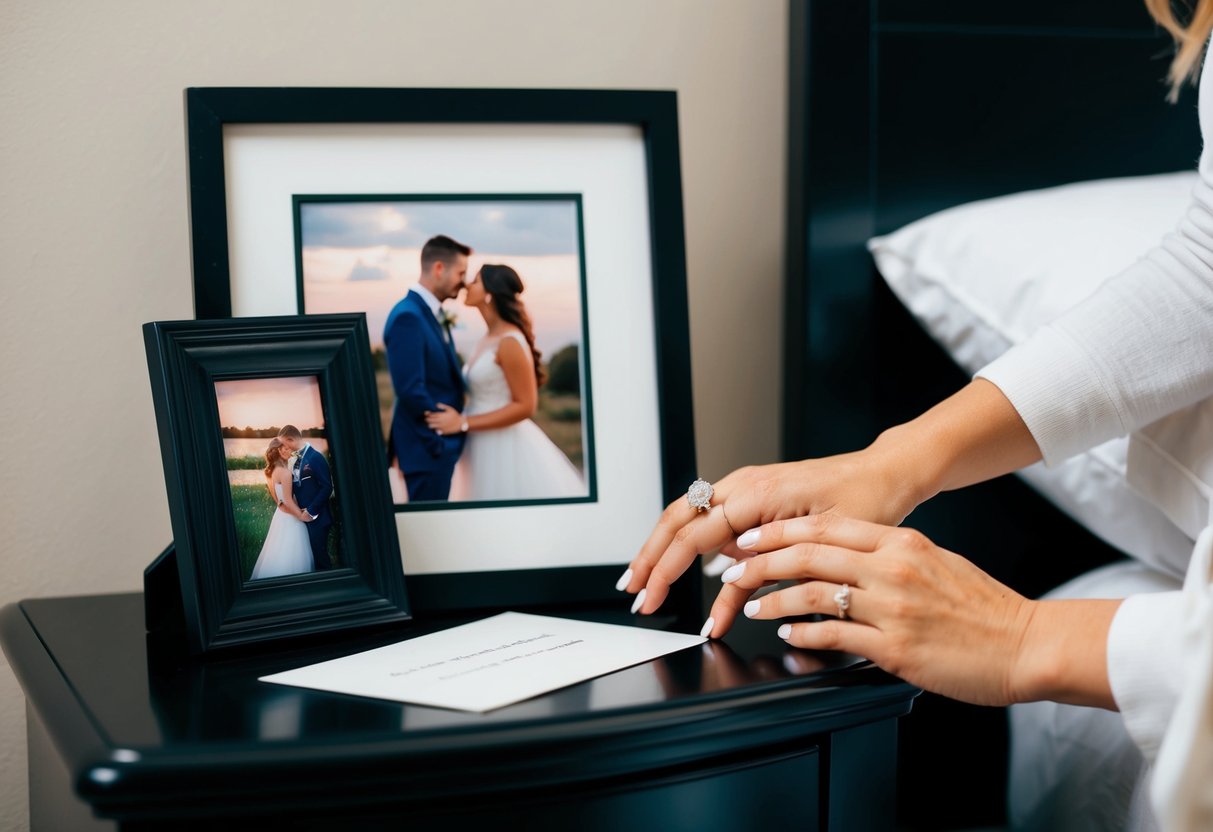 A woman's hand places a wedding ring on a nightstand beside a framed photo