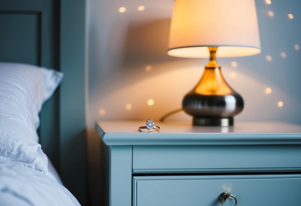 A nightstand with a delicate engagement ring resting on top, beside a softly glowing bedside lamp