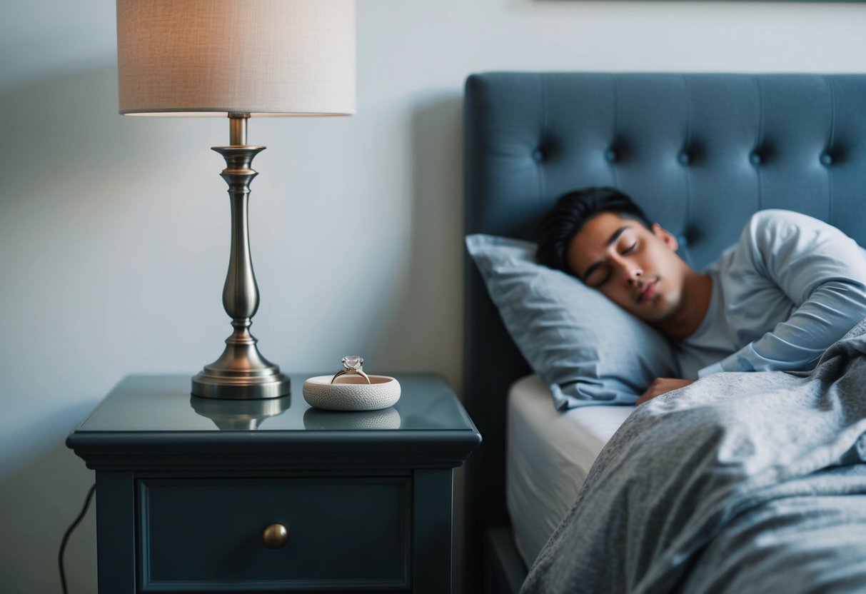 A bedside table with a ring dish, a bed with rumpled sheets, and a person sleeping peacefully